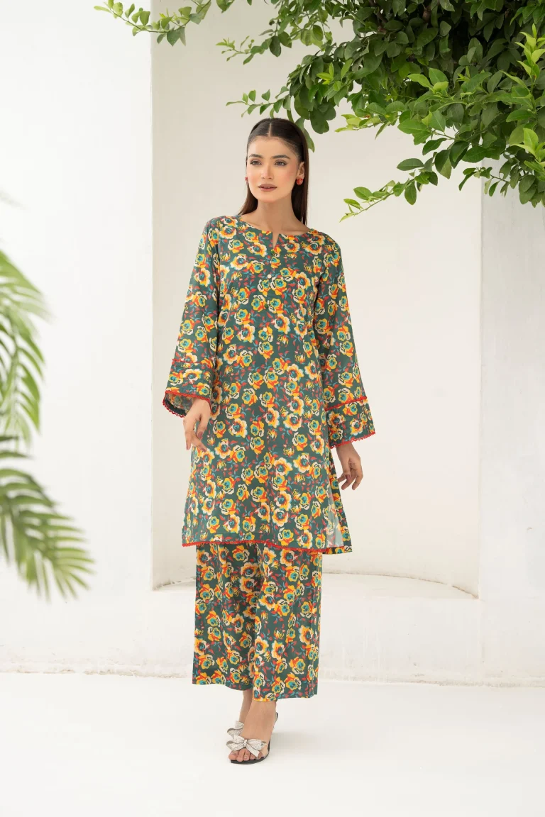 Orange & Blue Floral Pattern Lawn 2-Piece Suit