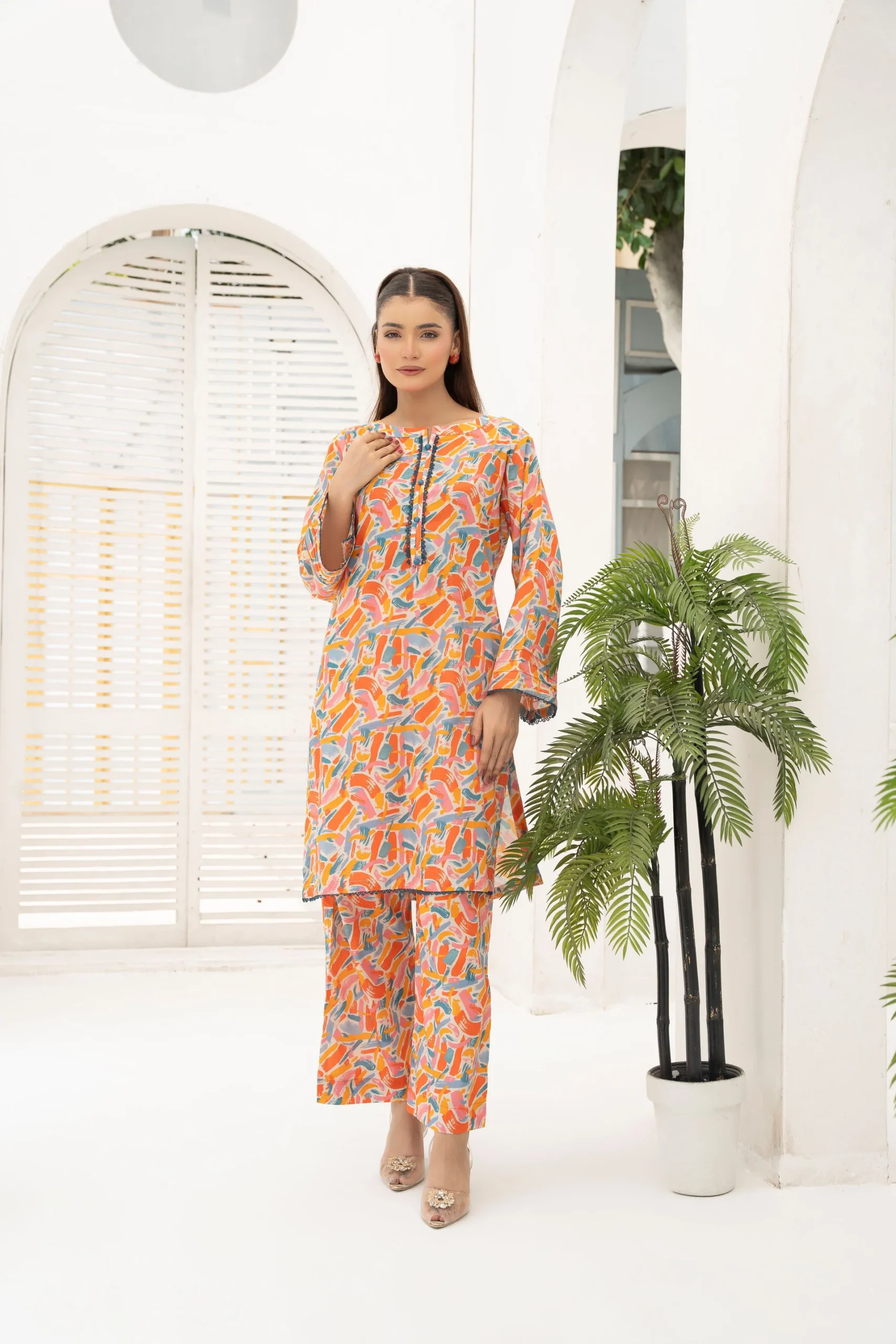 Orange and Light Blue pattern Lawn 2-Piece Set Orange and Light Blue pattern Lawn 2-Piece Set