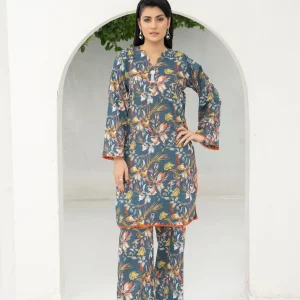Slate Blue with Abstract Floral 2-Piece Lawn Suit