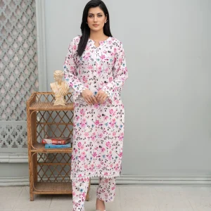 White & Pink Floral Printed Lawn 2-Piece Suit